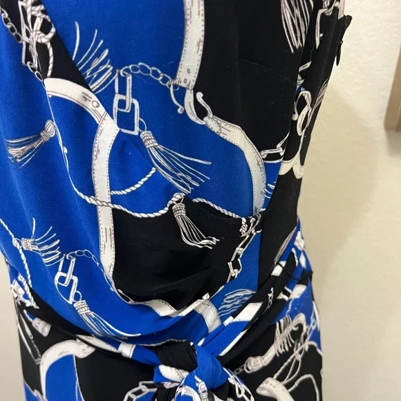 Ralph Lauren Equestrian Status Print Wrap Look Maxi Dress Stretch Knit Blue 14 - Picture 3 of 10